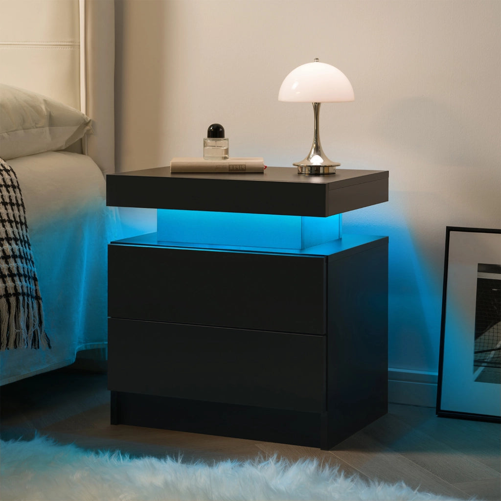 Comodino con LED multicolore, 2 cassetti e vano aperto, per camera da letto e soggiorno, nero, in legno ingegnerizzato