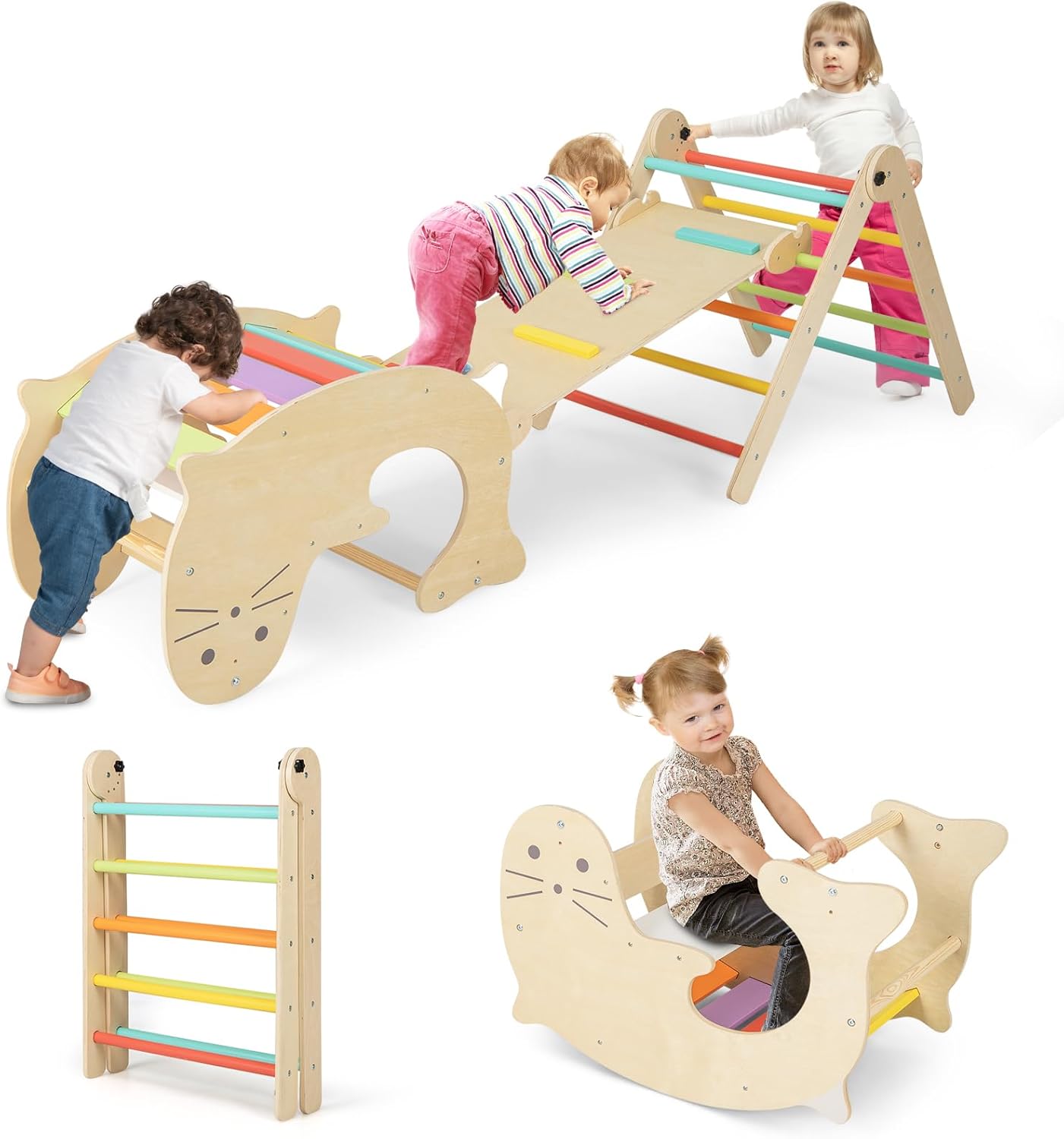 7 in 1 Set di Arrampicate per Bambini, Arrampicatore Pieghevole in Legno con Scivolo Reversibile, Dondolo e Arrampicata, Tavolo e Tunnel, per Bambini 3-14 Anni (Colorato)