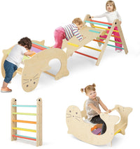 7 in 1 Set di Arrampicate per Bambini, Arrampicatore Pieghevole in Legno con Scivolo Reversibile, Dondolo e Arrampicata, Tavolo e Tunnel, per Bambini 3-14 Anni (Colorato)