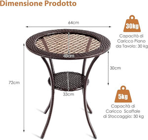 Tavolo da Giardino in Rattan PE e Vetro Temperato, Rotondo Tavolino Piccolo da Caffè Resistente alle Intemperie, per Cortile Balcone Esterno, Ø64 x 72 cm, Marrone