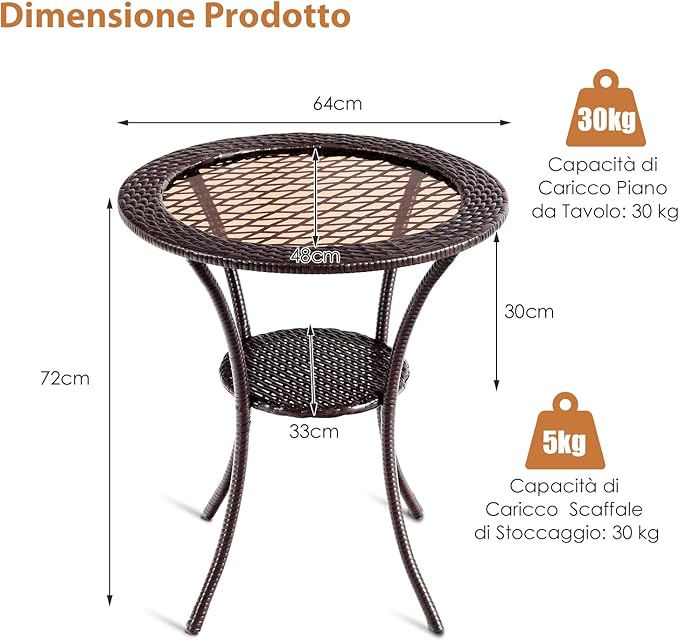 Tavolo da Giardino in Rattan PE e Vetro Temperato, Rotondo Tavolino Piccolo da Caffè Resistente alle Intemperie, per Cortile Balcone Esterno, Ø64 x 72 cm, Marrone