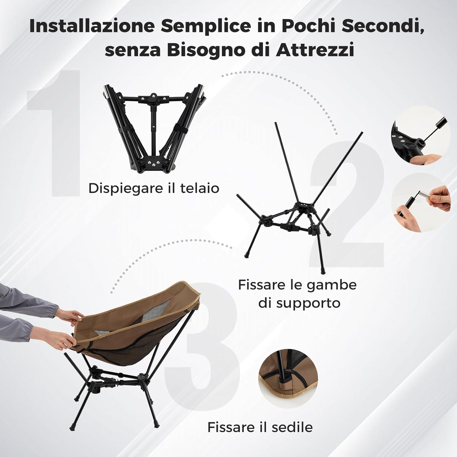 Sedia da Campeggio Portatile, Sedia Ergonomica Pieghevole da Zaino con Borsa da Trasporto, Poltrona da Esterno per Escursionismo, Spiaggia e Picnic, Portata 150 kg