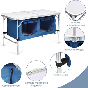Tavolo da Campeggio Pieghevole Ultraleggero Portatile Compatto, con Scompartimenti, con Sacco di Scompartimento, per Interno e Esterno (Blu)