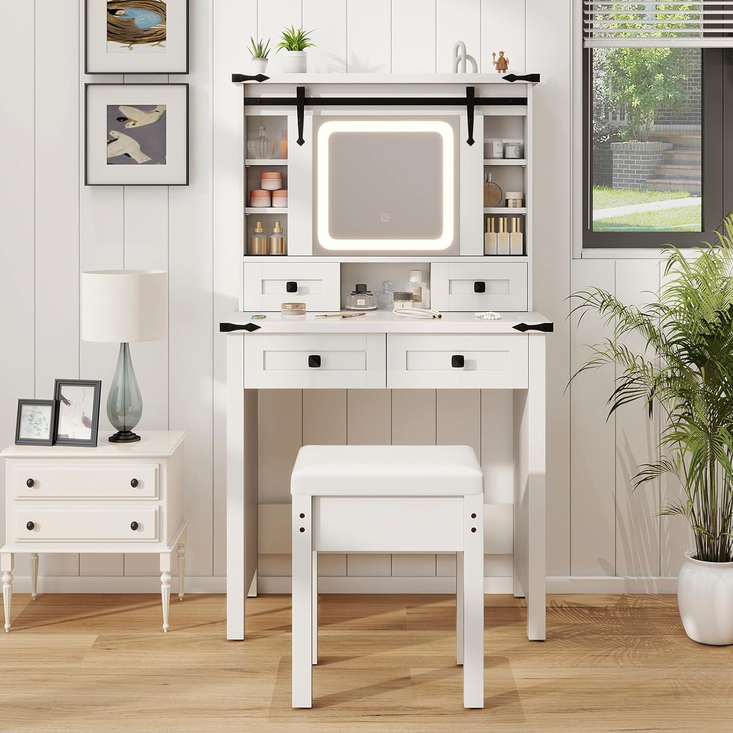 Toeletta da Trucco con Luci LED a 3 Colori Luminosit¨¤ Regolabile, Tavolo da Trucco con Specchio Scorrevole e Piano di Vetro, Postazione Trucco con 4 Cassetti e Ripiani Regolabili, Bianco