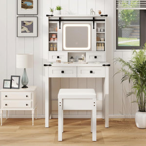 Toeletta da Trucco con Luci LED a 3 Colori Luminosit¨¤ Regolabile, Tavolo da Trucco con Specchio Scorrevole e Piano di Vetro, Postazione Trucco con 4 Cassetti e Ripiani Regolabili, Bianco
