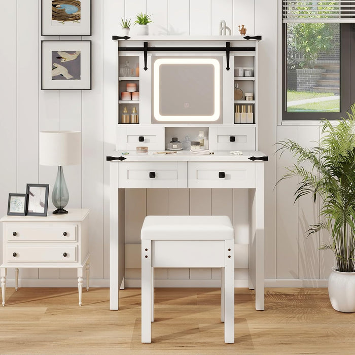 Toeletta da Trucco con Luci LED a 3 Colori Luminosit¨¤ Regolabile, Tavolo da Trucco con Specchio Scorrevole e Piano di Vetro, Postazione Trucco con 4 Cassetti e Ripiani Regolabili, Bianco