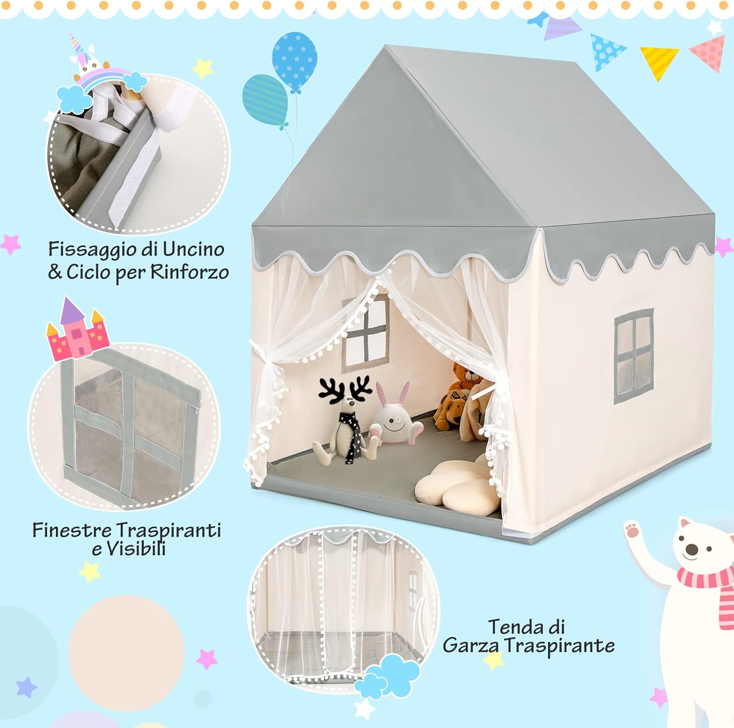 Tenda da Gioco per Bambini, Casetta per Bambini con Struttura in Solido Legno, Tappetino di Cotone, Tenda a Rete e Finestre, 105x120x140 cm (grigio e beige)