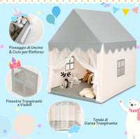 Tenda da Gioco per Bambini, Casetta per Bambini con Struttura in Solido Legno, Tappetino di Cotone, Tenda a Rete e Finestre, 105x120x140 cm (grigio e beige)