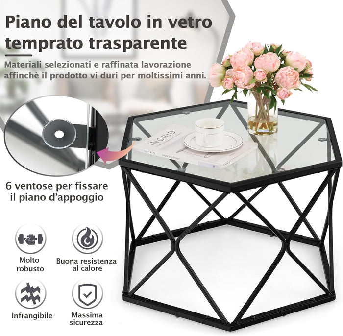 Tavolino da Salotto Esagonale con Piano in Vetro e Telaio in Acciaio, Tavolino da Divano Stretto e Moderno Tavolino da Basso per Soggiorno, Balcone e Studio, 65 x 56 x 40cm