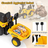 Trattore Cavalcabile per Bambini, Trattore Scorrevole con Rimorchio Staccabile Pala e Rastrello, 6 Ruote Suono e Luci, Ideale per Bambini 1,5-3 Anni