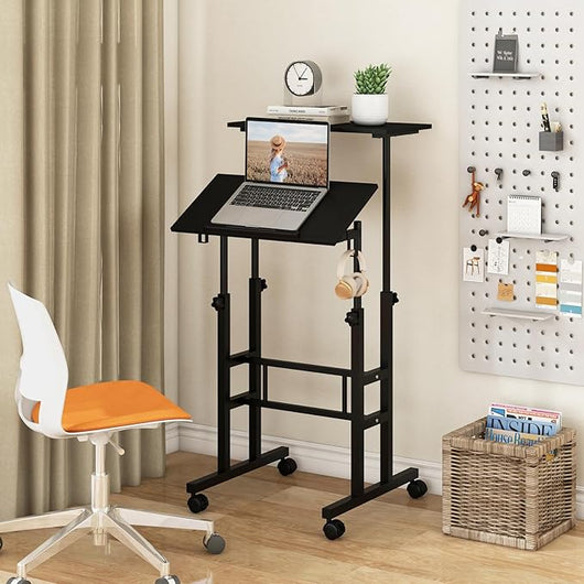 Scrivania per Computer Regolabile in Altezza, Scrivania Salvaspazio con Ruote e Ganci, Tavolo Porta PC per Studio e Ufficio, 60 x 60 x 72-124 cm (Nero)