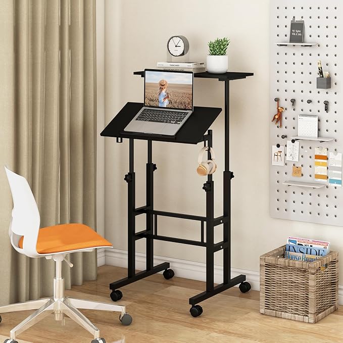 Scrivania per Computer Regolabile in Altezza, Scrivania Salvaspazio con Ruote e Ganci, Tavolo Porta PC per Studio e Ufficio, 60 x 60 x 72-124 cm (Nero)