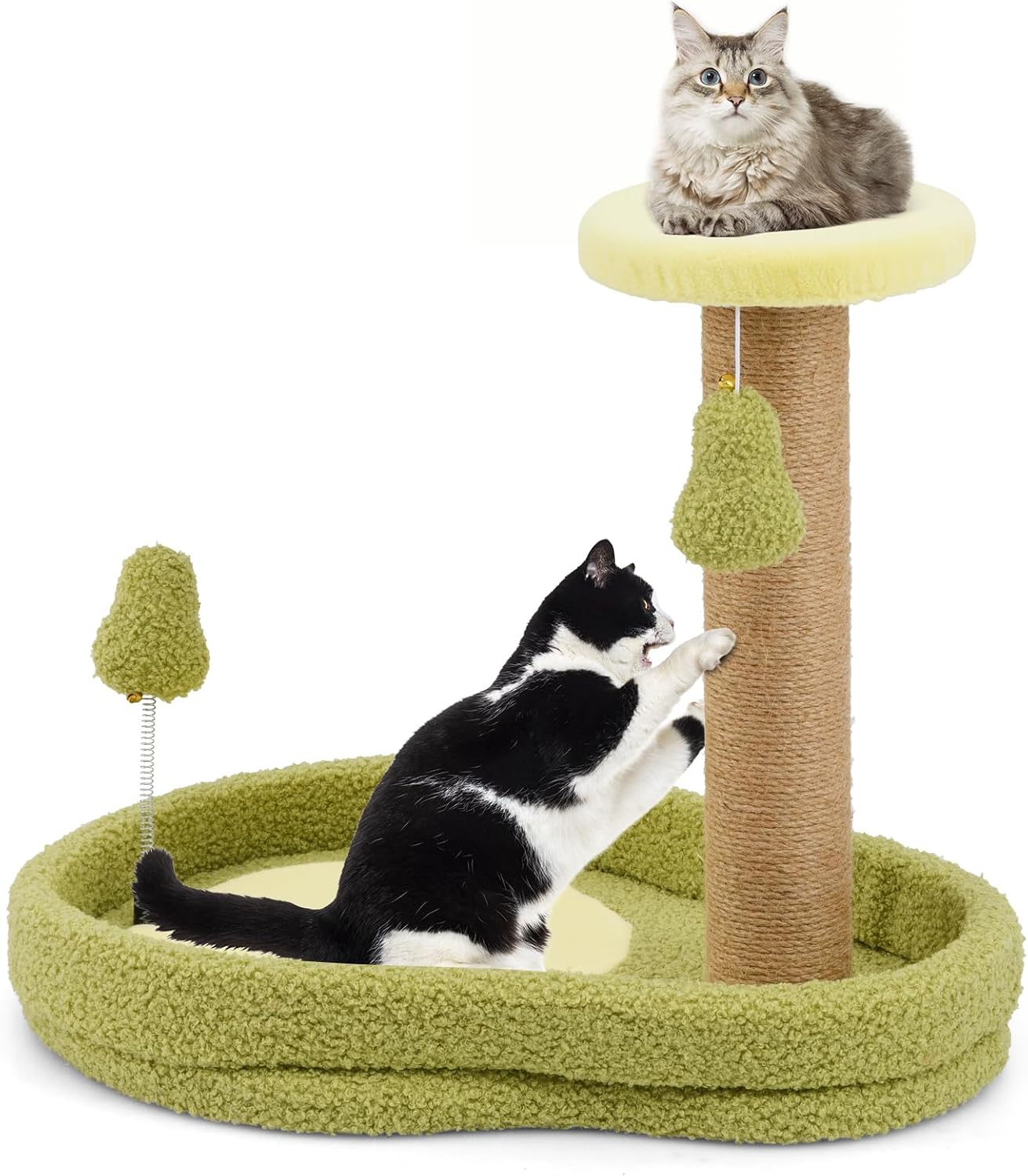 Tiragraffi per Gatto Alto 40 cm con Lettino Stile Avocado, Albero Tiragraffi Gatti con Palo a Corda in Juta, Piattaforma e 2 Pompon, Cuccia Albero Gatto Rivestito in Peluche, Verde