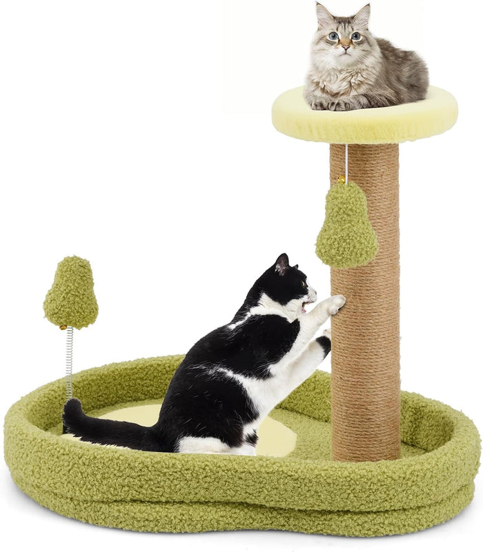 Tiragraffi per Gatto Alto 40 cm con Lettino Stile Avocado, Albero Tiragraffi Gatti con Palo a Corda in Juta, Piattaforma e 2 Pompon, Cuccia Albero Gatto Rivestito in Peluche, Verde