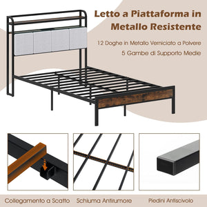 Letto Matrimoniale 220 x 140 cm con Luci LED a Telecomando, Struttura Letto con Stazione d Ricarica, Telaio Letto con Testiera Rivestita in Lino, Capacit¨¤ di 500 kg, Marrone Rustico