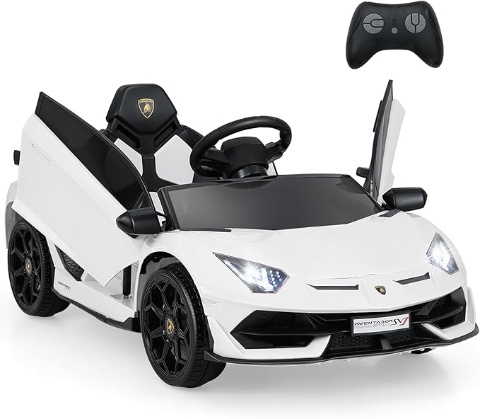 12V Lamborghini Macchina Elettrica per Bambini, Veicolo Elettrico con Telecomando Sospensione a Molla Luci LED MP3, 3-5 km/h, per Bambini 3 Anni+ (Bianco)