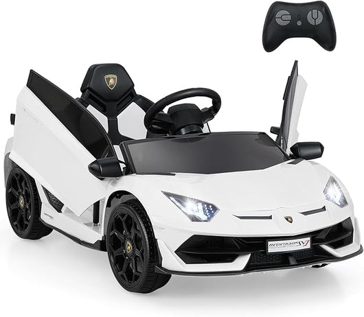 12V Lamborghini Macchina Elettrica per Bambini, Veicolo Elettrico con Telecomando Sospensione a Molla Luci LED MP3, 3-5 km/h, per Bambini 3 Anni+ (Bianco)