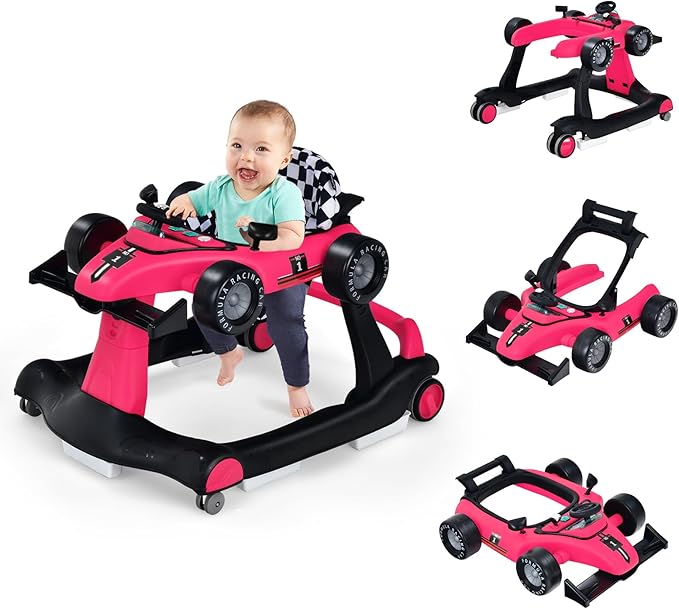 Girello per Bambini 4 in 1, Girello Pieghevole con Altezza e Velocità Regolabili, Carillon con Luci, Volante, Primi Passi per Bambini 6-18 Mesi, Portata 15 kg (Profondo Rosso)