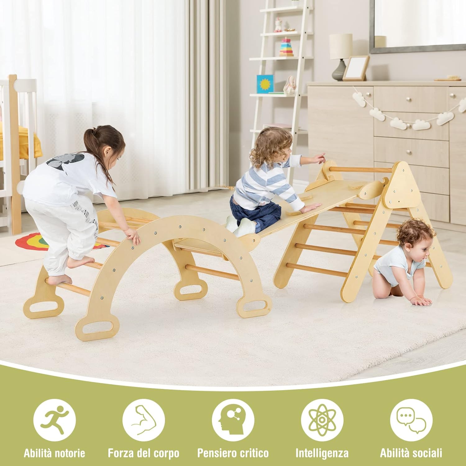 4 in 1 Set da Arrampicata per Bambini, Giocattoli da Arrampicata a Triangolo con Triangolo Arco e Salita, Ideale per Bambini 1 Anni + (Naturale)