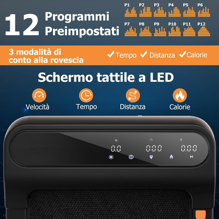 Tapis Roulant Senza Manubrio, Tapis Roulant Sotto Scrivania per Casa/Ufficio con 12 Programmi, Telecomando a Forma di Orologio e Schermo Touch LED, Senza Installazione, Capacità 120 kg