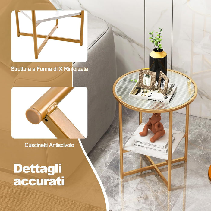 Tavolini da Salotto in Vetro, Tavolino Rotondo a 2 Piani da 50 cm con Ripiano Effetto Marmo, Tavolino da Caffè con Cornice in Metallo Dorato, per Soggiorno, Camera da Letto