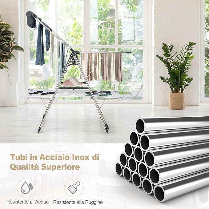 Stendibiancheria da Pavimento Pieghevole, Stendino a 2 Piani con Barra per Appendere, Ala Regolabile in Altezza, Clip per Calzini, Gancio per Scarpe, Stendibiancheria per Interno ed Esterno