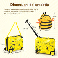 Valigia Cavalcabile per Bambini, 18" Valigia+ 12" Zaino,2 Pezzi, Trolley Bambini Bagaglio a Mano con Ruote Girevoli e Maniglia Retrattile, 2 Cingie Multiuso (Modello 1)