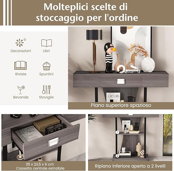 Tavolo Consolle in Legno, Tavolo Ingresso con Cassetti, Ripiani e 2 Kit Anti-ribaltamento, Tavolo Multiuso e Salvaspazio per Salotto, Camera da Letto e Corridoio, 91 x 30 x 88 cm (Grigio)
