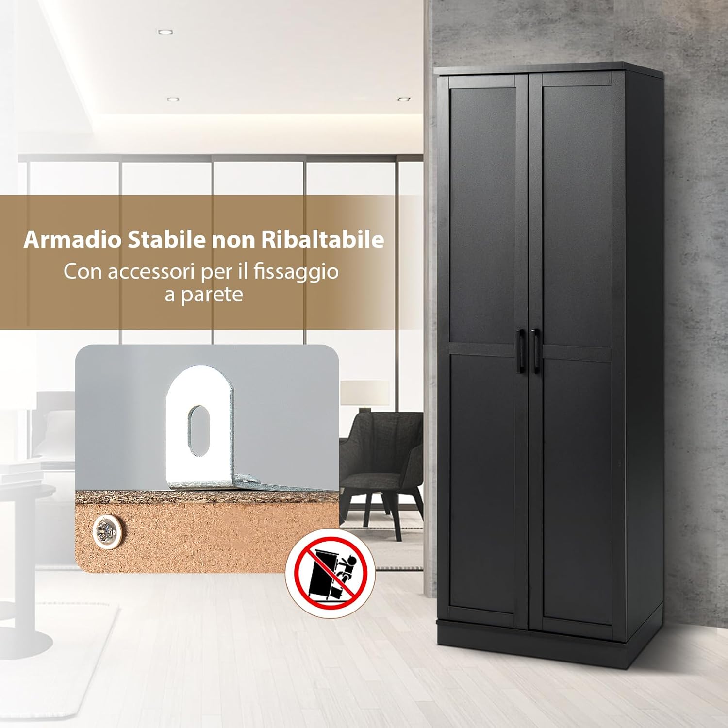 Armadio Alto di Stoccaggio a Pavimento con 2 Ante, Mobile Multiuso con Ripiani Regolabili, Armadietto di Stoccaggio in Legno Capacità di Carico di 90 kg, 59 x 43,5 x 178 cm (nero)