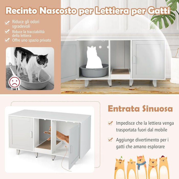 Mobile per Lettiera per Gatti 120 x 52 x 65 cm, Casetta per Gatti con 2 Ante, Fori, Tiragraffi e Gambe Staccabili, Mobile Versatile e Moderno per Salotto (Bianco e grigio)