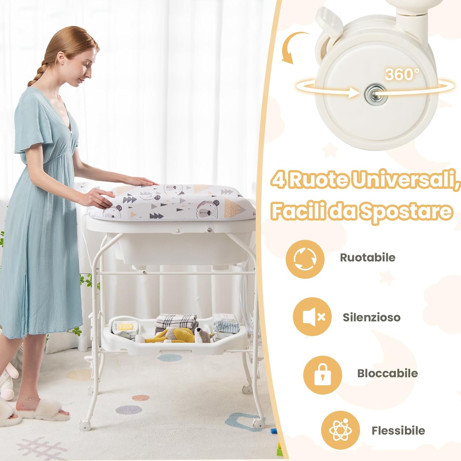 Fasciatoio con Vaschetta per Bambini, Vasca da Bagno per Neonati, Fasciatoio Pieghevole con Materassino, Cestino Portaoggetti, Ruote con Freno, Portata 35kg+15kg (Bianco)