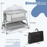 Culla Neonato Fianco 4 IN 1, Culla Co-sleeping con Spondina Apribile, Altezza Regolabile, Inclinabile, Materasso Ruote Borsa da Viaggio Zanzariera Inclusi, 0-6 Mesi Fino a 9 kg (Grigio)