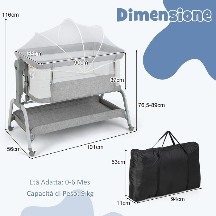 Culla Neonato Fianco 4 IN 1, Culla Co-sleeping con Spondina Apribile, Altezza Regolabile, Inclinabile, Materasso Ruote Borsa da Viaggio Zanzariera Inclusi, 0-6 Mesi Fino a 9 kg (Grigio)