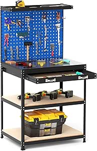 Banco da Lavoro con Piano da 80 x 40 cm, Banco da Lavoro Officina con Pannello Forato e 20 Ganci Porta Attrezzi, Tavolo da Lavoro per Garage con Cassetto e 2 Mensole (Blu)