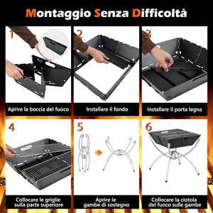 Griglia Barbecue da Campeggio, Barbecue Pieghevole Portatile 3 in 1 con Griglie in Acciaio Inossidabile, per Picnic, Campeggio, Cortile e Patio