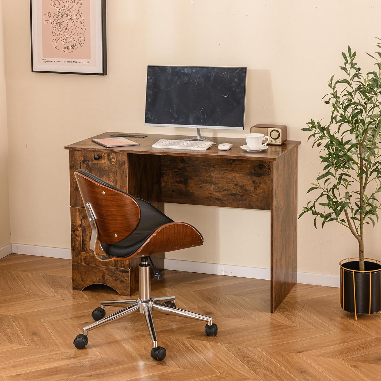 Scrivania per Computer con 2 Cassetti a Maniglia, Scrivania PC Salvaspazio Multifunzionale, Scrivania Gaming per Ufficio, Soggiorno, Camera da Letto e Studio, 109 x 50 x 75 cm (Marrone)