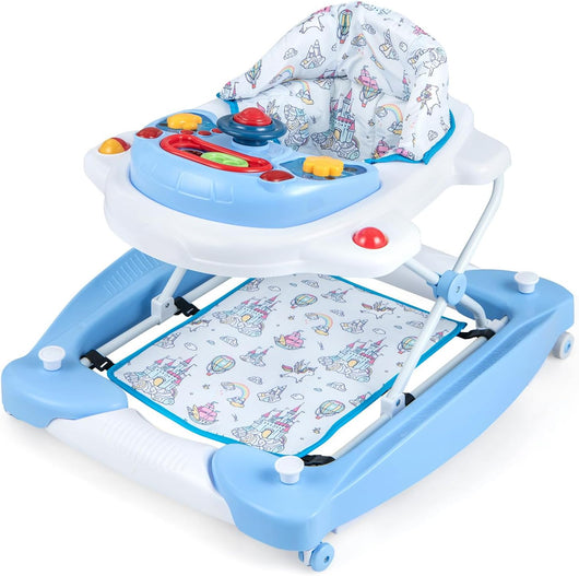 Girello per Bambini 6 in 1, Primi Passi per Neonati con Altezza Regolabile, Sedia a Dondolo per Bambini, Girello Pieghevole con Vassoio Musicale, Cuscino, per Bambini 6+ Mesi (Blu)