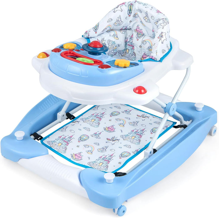Girello per Bambini 6 in 1, Primi Passi per Neonati con Altezza Regolabile, Sedia a Dondolo per Bambini, Girello Pieghevole con Vassoio Musicale, Cuscino, per Bambini 6+ Mesi (Blu)