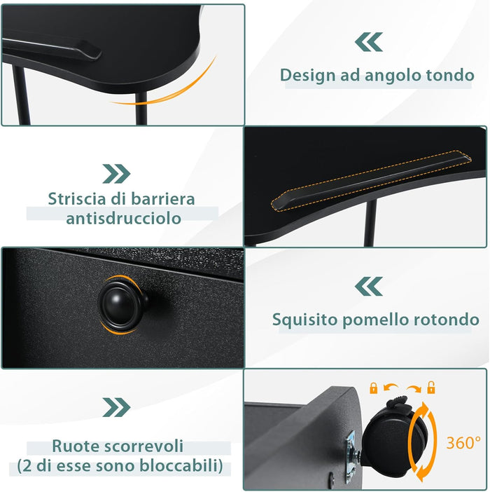 Scrivania Regolabile in Altezza con Ruote, Standing Desk Mobile con Piano Inclinabile e Scomparti, Scrivania per Laptop Ergonomica con Rotelle per Ufficio e Casa, Nera