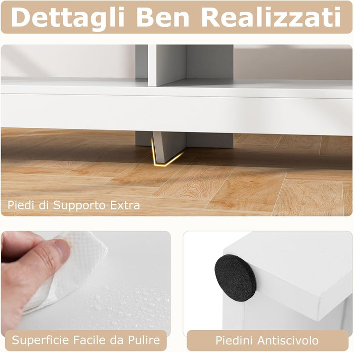 Mobile TV con Presa Elettrica per TV Fino a 65”, Mobile Porta TV Angolare, Mobiletto per Soggiorno a 3 Ripiani con 4 Scaffali Aperti, 140 x 40 x 49,5 cm (Bianco)