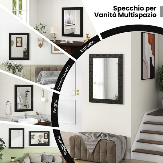 Specchio da Parete 80 x 60 CM, Specchio Moderno con Cornice in Legno, Montaggio Verticale e Orizzontale, Specchio Rettangolare per Bagno Soggiorno Ingresso