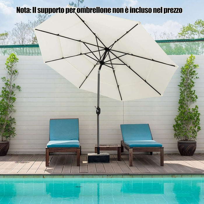 Ombrellone da Giardino 293 cm a 3 Livelli, Ombrellone da Esterno con Doppia Ventilazione, Inclinazione Regolabile, con Manovella 8 Stecche, Ombrellone da Spiaggia Giardino Piscina (Beige)