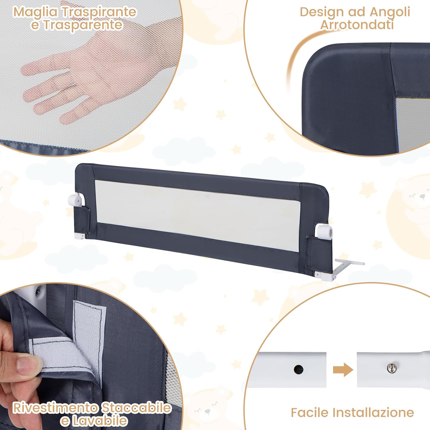 Sponda Letto per Bambini 105/120/150 cm, Barriera di Sicurezza per Neonati, Barriera Letto Pieghevole e Portatile, con Cinghia di Sicurezza (Grigio, 152 x 34 x 42 cm)