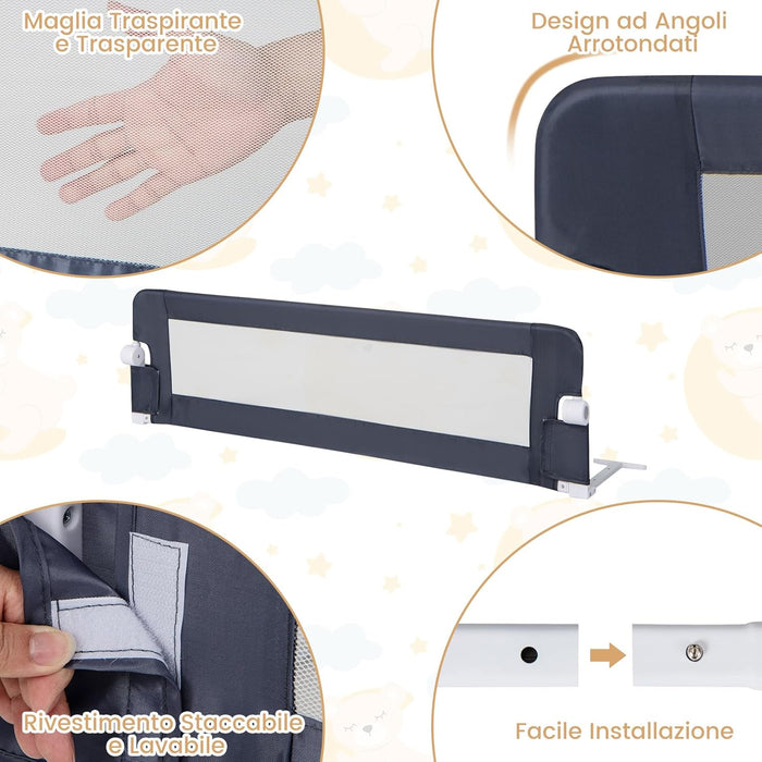 Sponda Letto per Bambini 105/120/150 cm, Barriera di Sicurezza per Neonati, Barriera Letto Pieghevole e Portatile, con Cinghia di Sicurezza (Grigio, 152 x 34 x 42 cm)