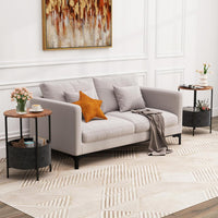 Tavolino Rotondo per Piccoli Spazi, Tavolino a 2 Ripiani con Cestino in Tessuto Rimovibile e Struttura in Metallo, Tavolino da Salotto, Camera da Letto e Studio (Marrone)