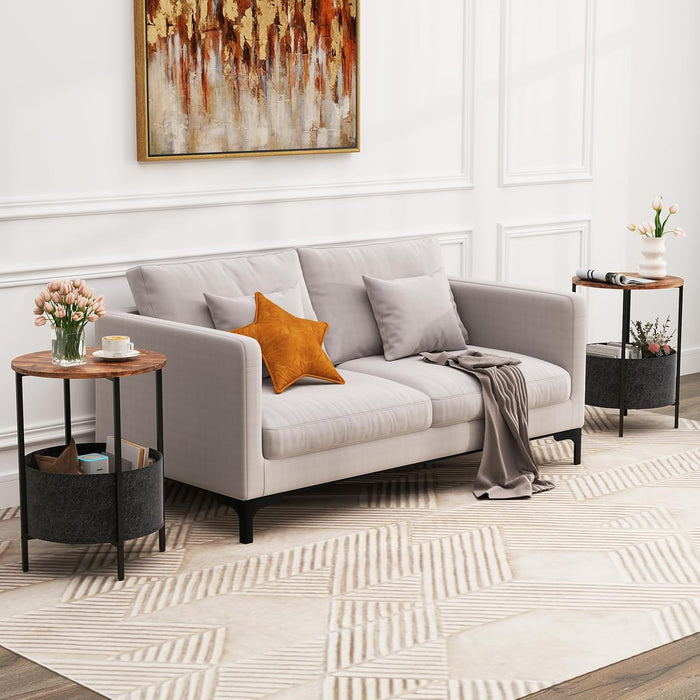 Tavolino Rotondo per Piccoli Spazi, Tavolino a 2 Ripiani con Cestino in Tessuto Rimovibile e Struttura in Metallo, Tavolino da Salotto, Camera da Letto e Studio (Marrone)