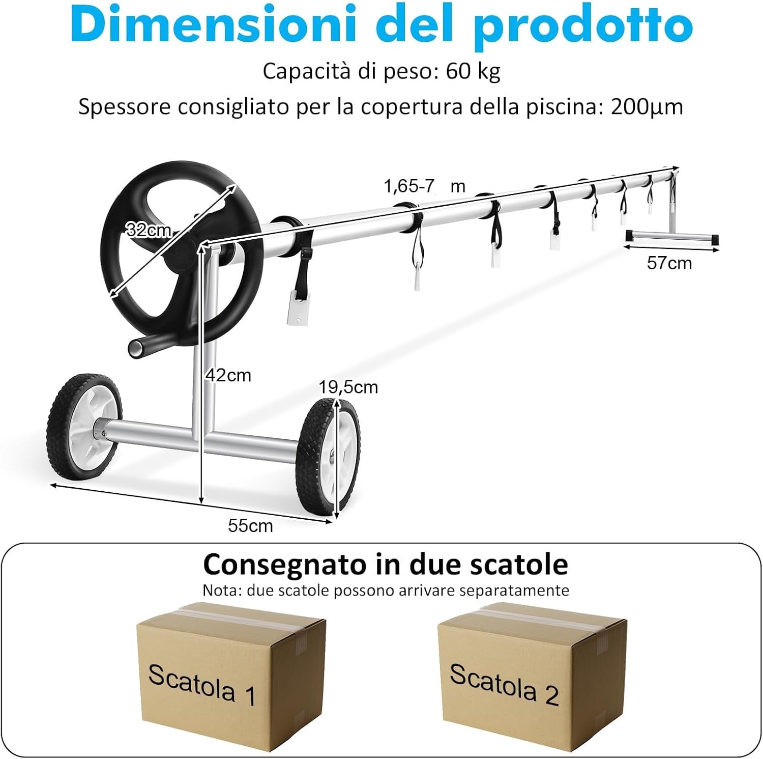 Rullo Avvolgitore per Piscina, Avvolgitore Telo Piscina 7 M Regolabile con Ruote in Gomma, Avvolgitore per Piscina in Alluminio