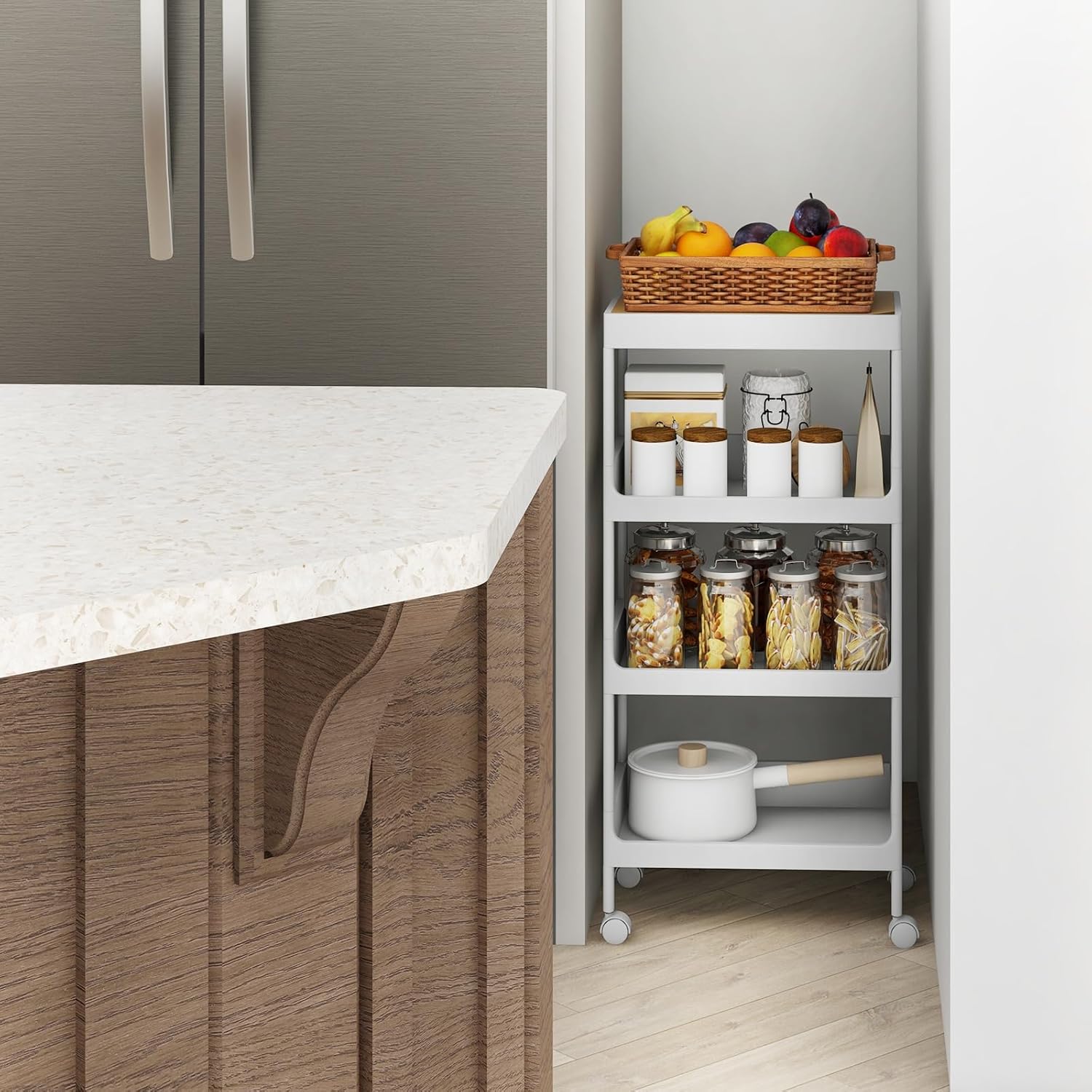 Carrello da Cucina a 3/4 Piani, Carrello con Vassoio Staccabile e Ruote Bloccabili, Carrello Multiuso per Cucina Bagno Lavanderia Spazi Stretti (4 Piani)