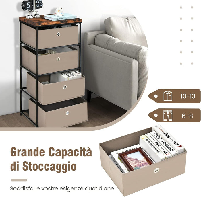 Cassettiera in Tessuto, Mobile con 4 Cassetti e Struttura Robusta in Metallo, Mobiletto Salvaspazio per Camera da Letto, Corridoio, Ingresso e Armadio, 42 x 33,5 x 84,5 cm (Marrone)