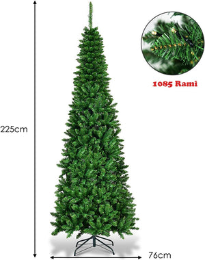 Albero di Natale 135/200/225 cm, Albero di Natale Slim con 150/250/350 Luci a LED Calde, 226/708/1085 Rami Folti e Base di Metallo, Albero di Natale con Luci Incorporate per Festa (225 cm)